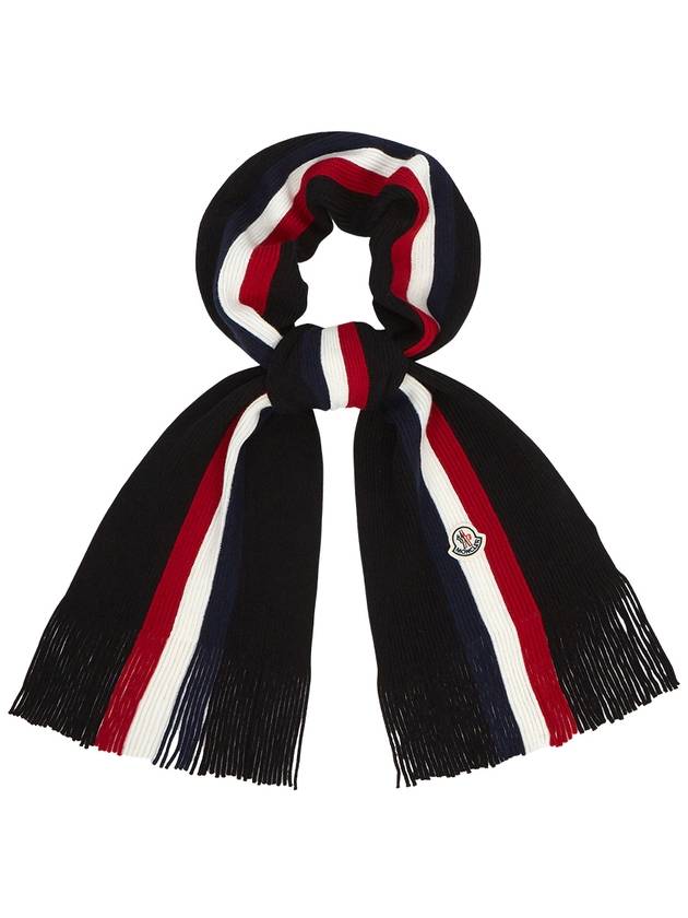 Tricolor Logo Patch Stripe Fringe Wool Muffler Black - MONCLER - BALAAN 3