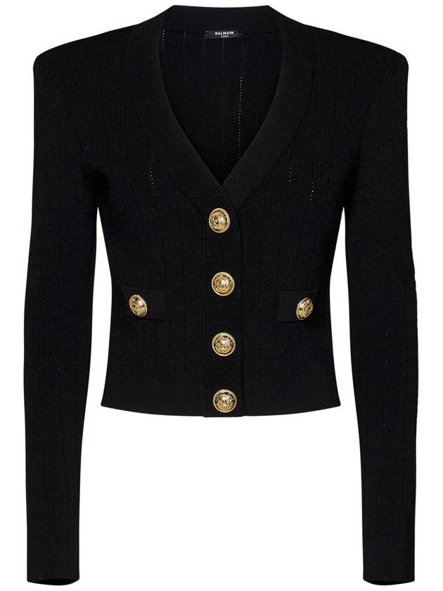 Button V-Neck Rib Knit Cardigan Black - BALMAIN - BALAAN 2