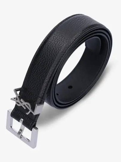 Grained Leather Silver Monogram Belt Black - SAINT LAURENT - BALAAN 2