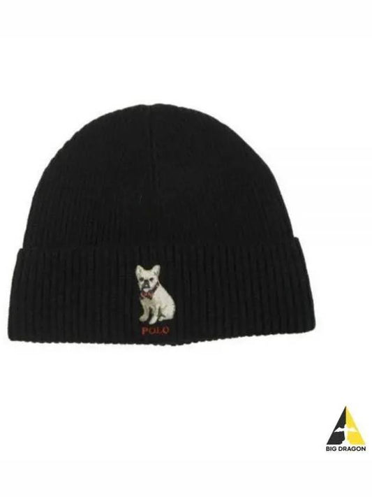 Embroidered French Bulldog Wool Beanie Black - POLO RALPH LAUREN - BALAAN 2