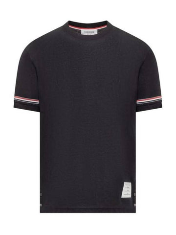 Striped Detail Crew Neck Cotton Short Sleeve T-Shirt Navy - THOM BROWNE - BALAAN 1