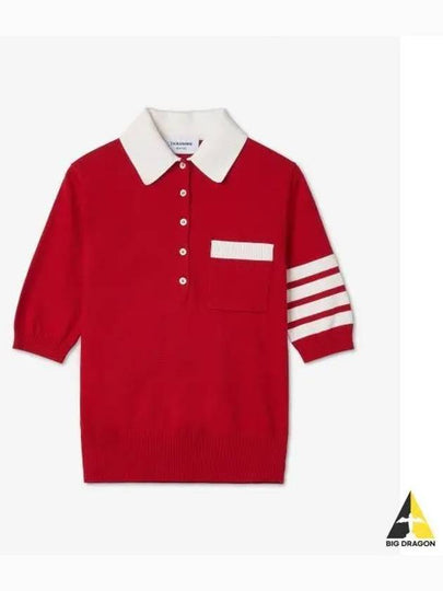 Cotton Hector Pointelle 4-Bar Polo Shirt Red - THOM BROWNE - BALAAN 2