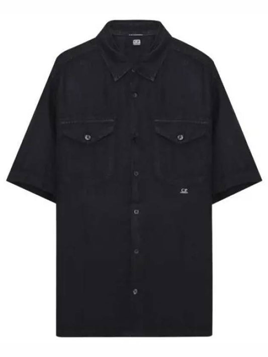 Small Logo Button Linen Short Sleeve Shirt Black - CP COMPANY - BALAAN 1