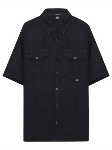 Small Logo Button Linen Short Sleeve Shirt Black - CP COMPANY - BALAAN 1