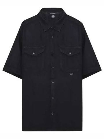 Small Logo Button Linen Short Sleeve Shirt Black - CP COMPANY - BALAAN 1