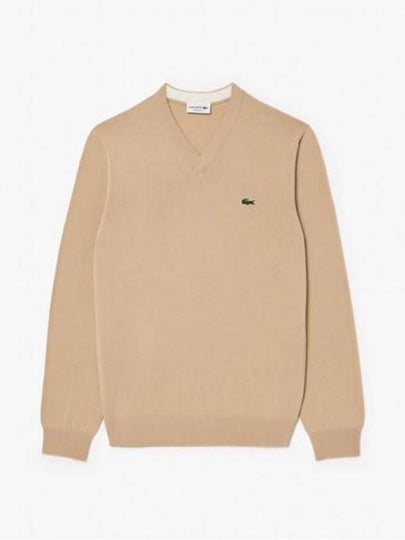 Monochrome Cotton V-Neck Sweatshirt Beige - LACOSTE - BALAAN 2