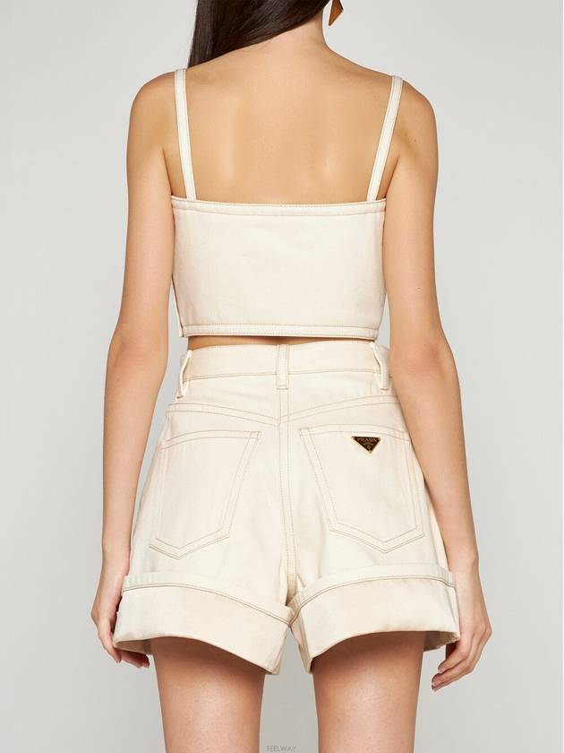 Back Logo Plaque Cotton Denim Shorts Beige - PRADA - BALAAN 2