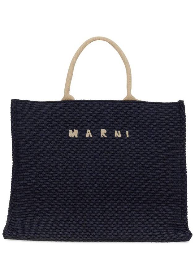 Embroidered Logo Raffia Tote Bag Navy - MARNI - BALAAN 2