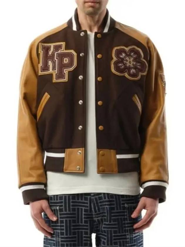 Boke Flower Leather Patch Varsity Jacket Dark Brown - KENZO - BALAAN 3