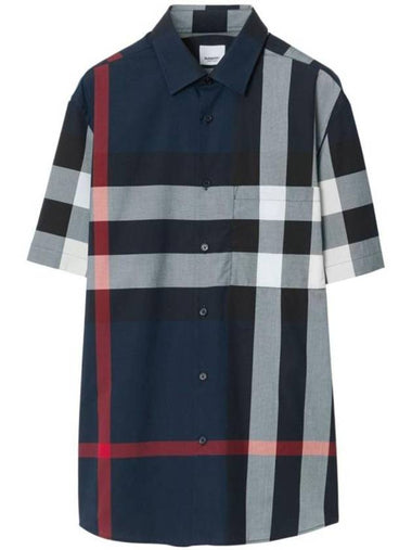 Check Cotton Short Sleeve Shirt Navy - BURBERRY - BALAAN 1