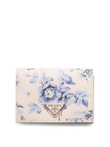 Floral Print Saffiano Leather Half Wallet Periwinkle Blue - PRADA - BALAAN 1