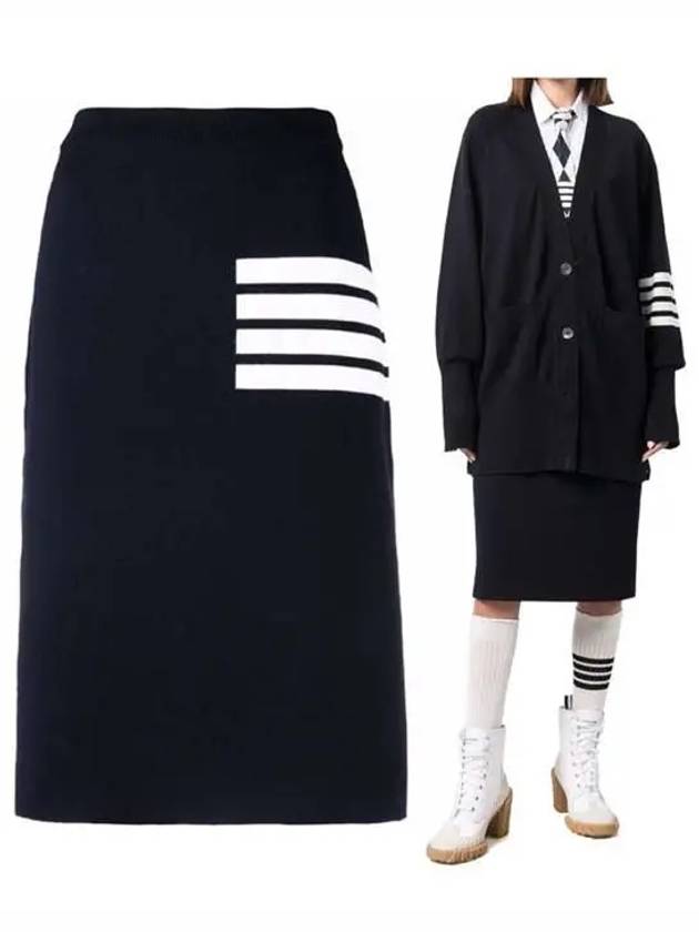 Women's Merino Wool Knee Length H Line Skirt Navy - THOM BROWNE - BALAAN.
