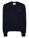 Heart Embroidered Logo Crew Neck Knit Top Navy - AMI - BALAAN 11