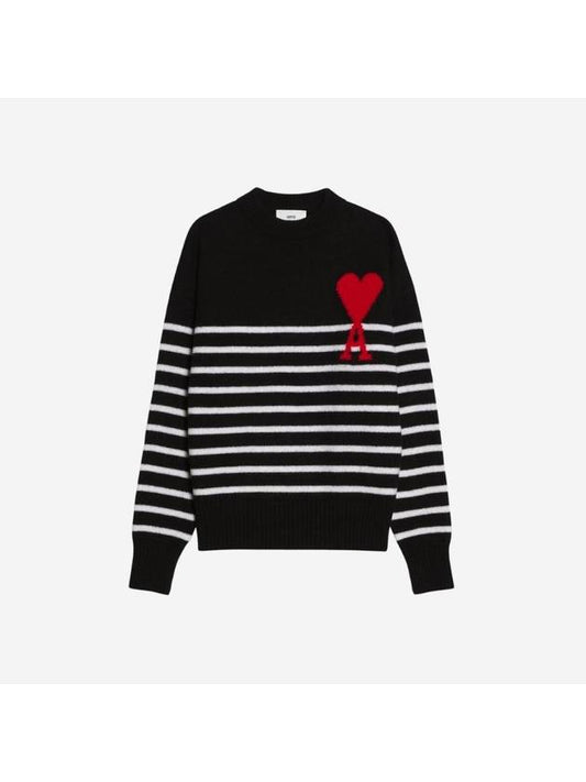 Big Heart Logo Striped Knit Top Black White - AMI - BALAAN 1