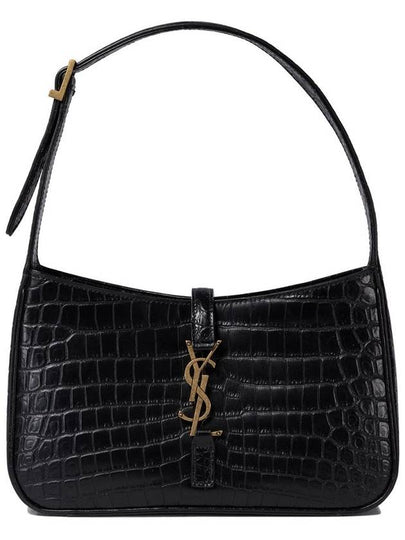 Bronze Monogram Le 5 A 7 Hobo Bag in Crocodile Embossed Shiny Leather Black - SAINT LAURENT - BALAAN 2