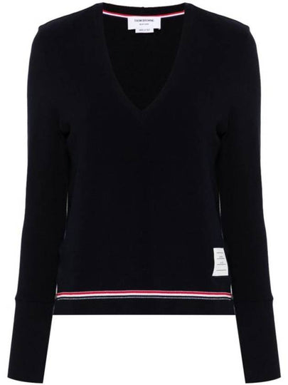 Cotton Pique V Neck Long Sleeve T-Shirt Navy - THOM BROWNE - BALAAN 2