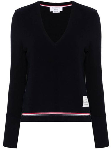 Cotton Pique V Neck Long Sleeve T-Shirt Navy - THOM BROWNE - BALAAN 1