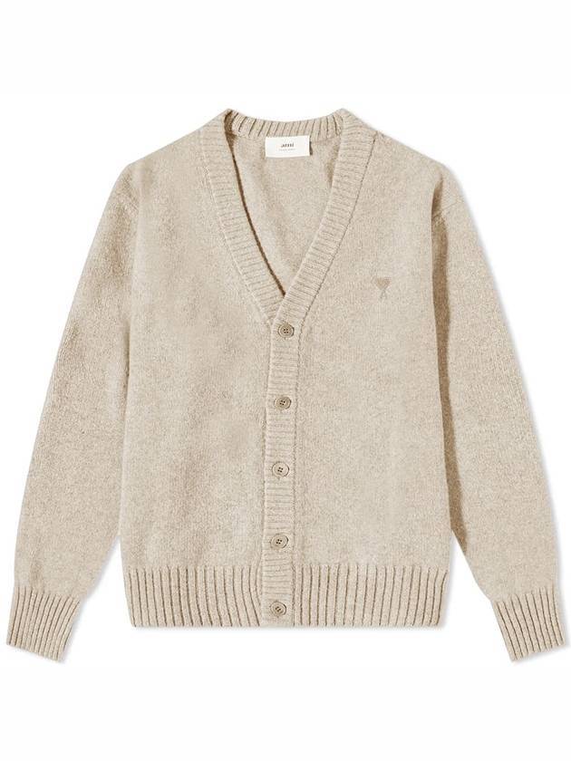 Small Heart Logo V-Neck Cardigan Beige - AMI - BALAAN 1