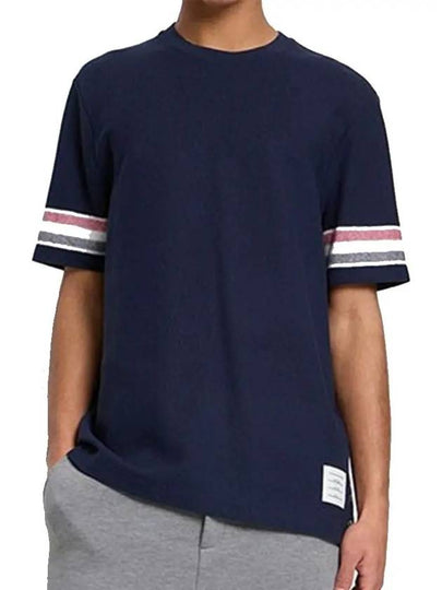 Textured Cotton Stripe Short Sleeve T-Shirt Navy - THOM BROWNE - BALAAN 2