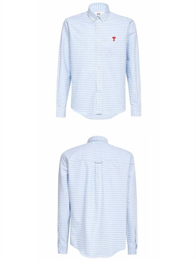 Small Heart Logo Gingham Button Long Sleeves Shirt Sky Blue - AMI - BALAAN 5