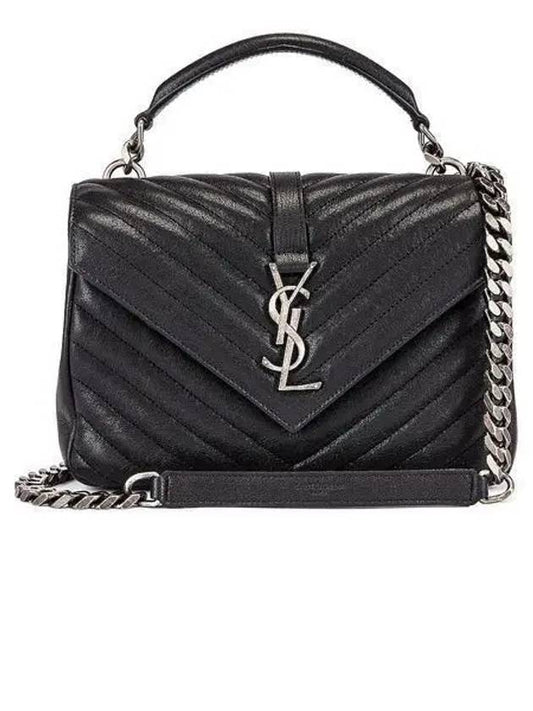 Silver Monogram College Medium Chain Crossbody Bag in Matelasse Leather Black - SAINT LAURENT - BALAAN 2