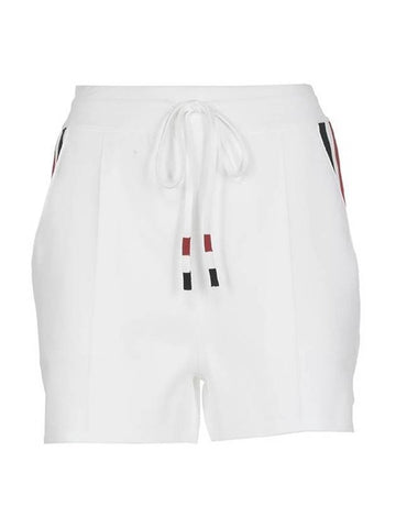 Stretch Viscose Intarsia Side Stripe Pintuck Shorts White - THOM BROWNE - BALAAN 1