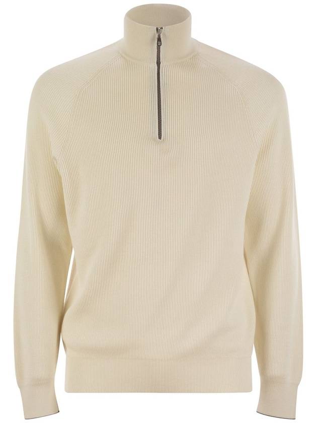 Cotton rib sweater with zip opening and raglan sleeve - BRUNELLO CUCINELLI - BALAAN 1