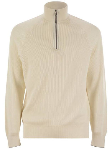 Cotton rib sweater with zip opening and raglan sleeve - BRUNELLO CUCINELLI - BALAAN 1