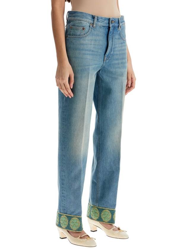 medium blue jeans with green embroidery, straight leg, high waist - VALENTINO - BALAAN 2