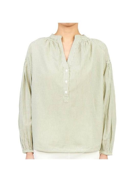 Women's V-Neck Puff Sleeve Cotton Blouse Light Green - VANESSA BRUNO - BALAAN 1