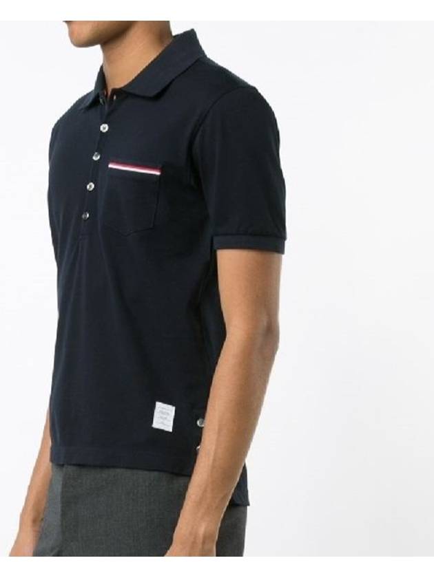 Men's Three Stripes Pocket Mercerized Short Sleeve Polo Shirt Navy - THOM BROWNE - BALAAN 4