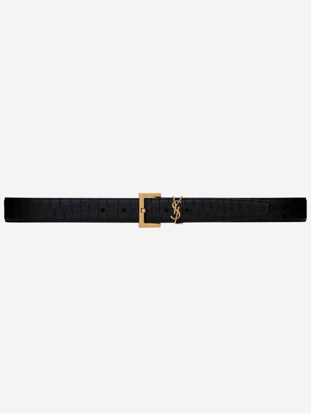 Cassandra Square Crocodile Leather Buckle Belt Black - SAINT LAURENT - BALAAN 2