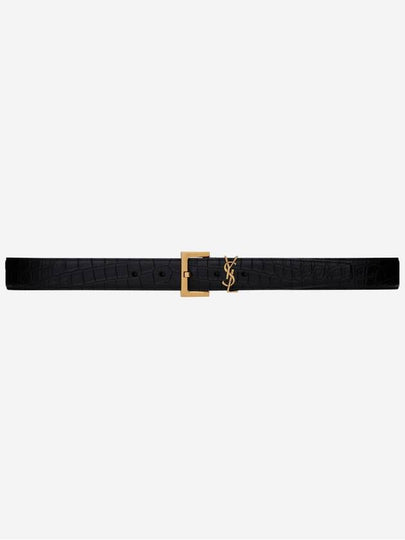 Cassandra Square Crocodile Leather Buckle Belt Black - SAINT LAURENT - BALAAN 2