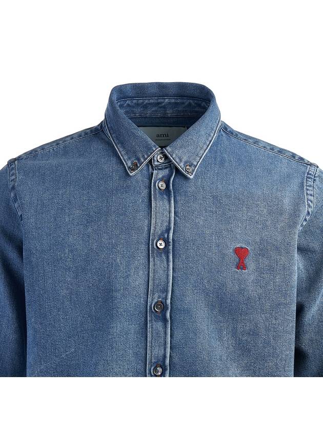 Button Down Denim Long Sleeve Shirt Blue - AMI - BALAAN 5