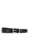 Monogram Square Buckle Crocadile Embossed Thin Leather Belt Black - SAINT LAURENT - BALAAN.