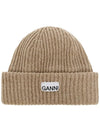 logo patch wool beanie beige - GANNI - BALAAN.