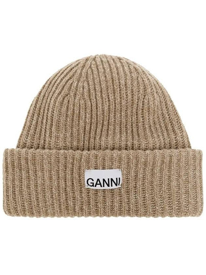 Logo Patch Wool Beanie Beige - GANNI - BALAAN 2