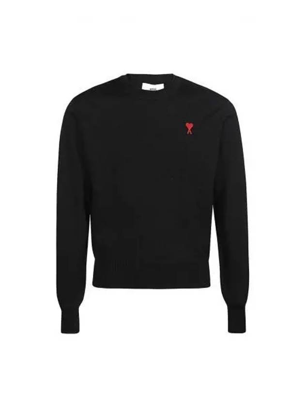 Heart Embroidered Logo Crew Neck Knit Top Black - AMI - BALAAN 2