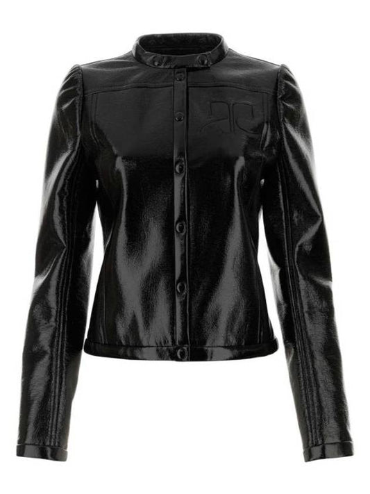 Women's Iconic Vinyl Logo Appliq Biker Jacket Black - COURREGES - BALAAN 1
