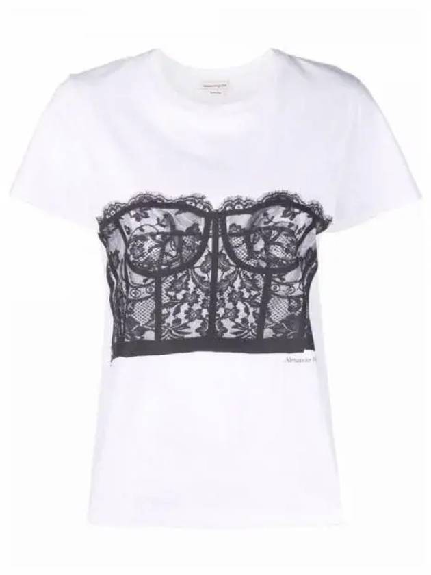 Lace Corset Print Short Sleeves White - ALEXANDER MCQUEEN - BALAAN.