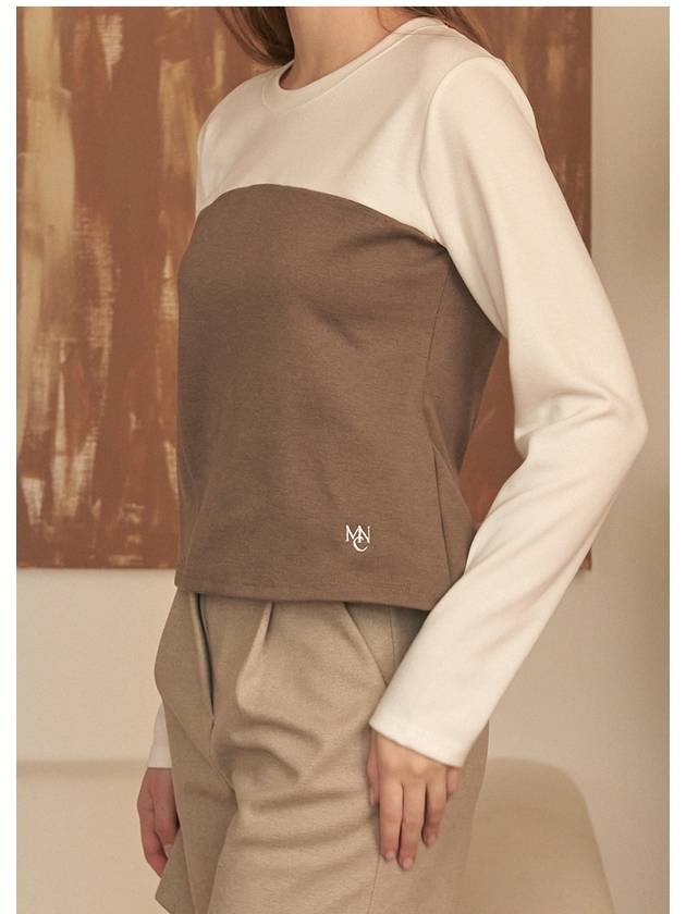 Women Witty Two-tone Back Slit Round Long Sleeve T-Shirt Brown - MICANE - BALAAN 3