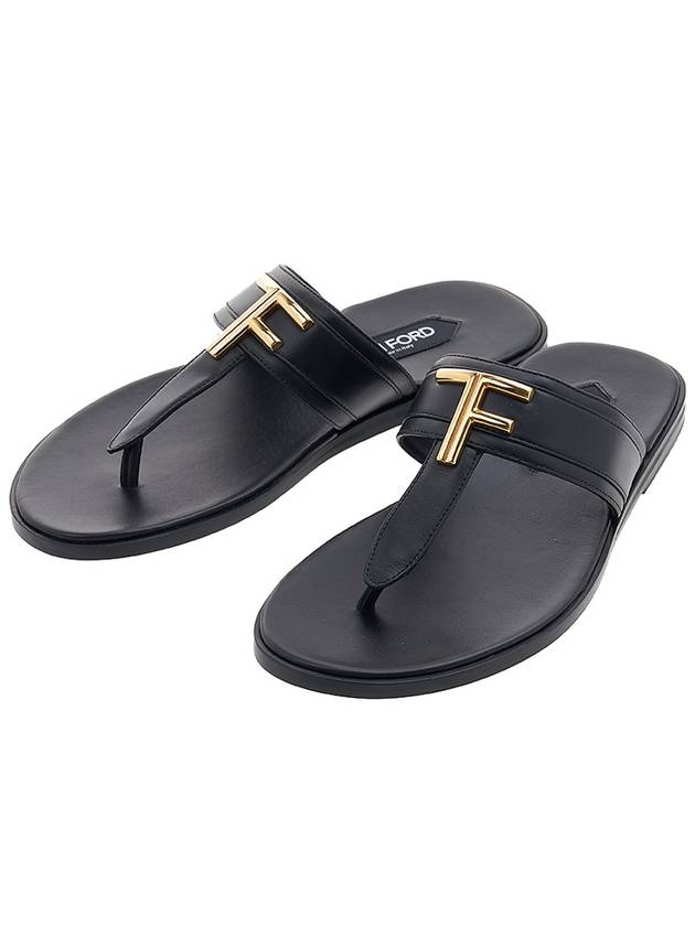 TF Logo Decorated Leather Flip Flops Black - TOM FORD - BALAAN 2