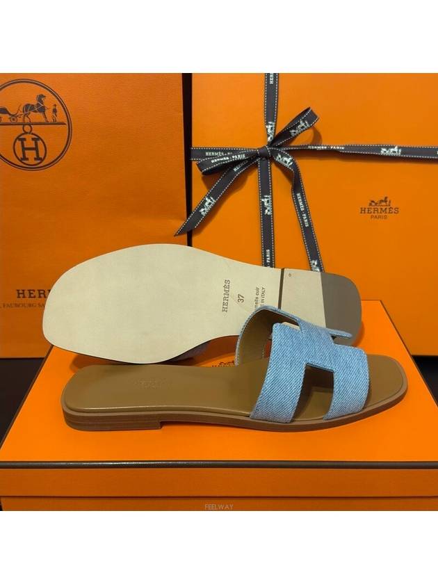 Women's Oran Sandals Calfskin Denim Brown Twotone - HERMES - BALAAN 6