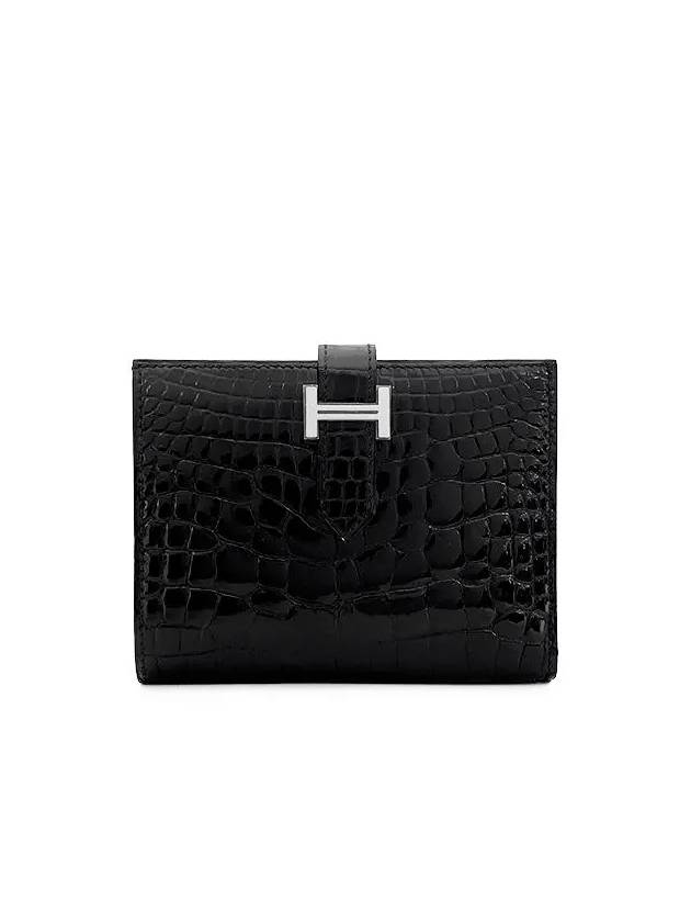 Alligator Bean half wallet black silver engraved B 4HL0097 - HERMES - BALAAN 1