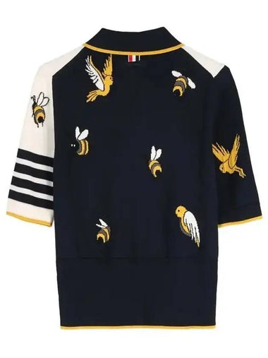 Fun-Mix Cotton Merino Birds and Bees 4-Bar Polo Shirt White - THOM BROWNE - BALAAN 1