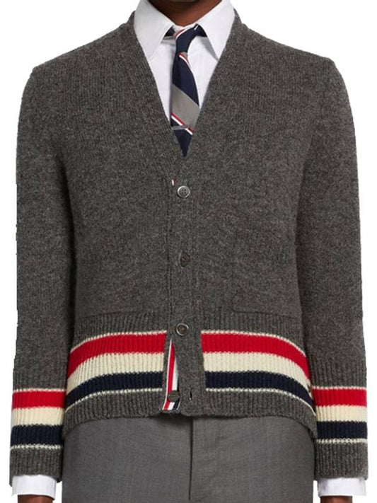 Men's Jersey Stitch Shetland Stripe Classic V-Neck Cardigan Grey - THOM BROWNE - BALAAN 2