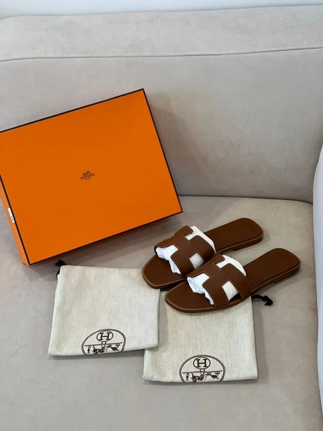 Oran Calfskin Slippers Gold Piqures Ecrues - HERMES - BALAAN 9