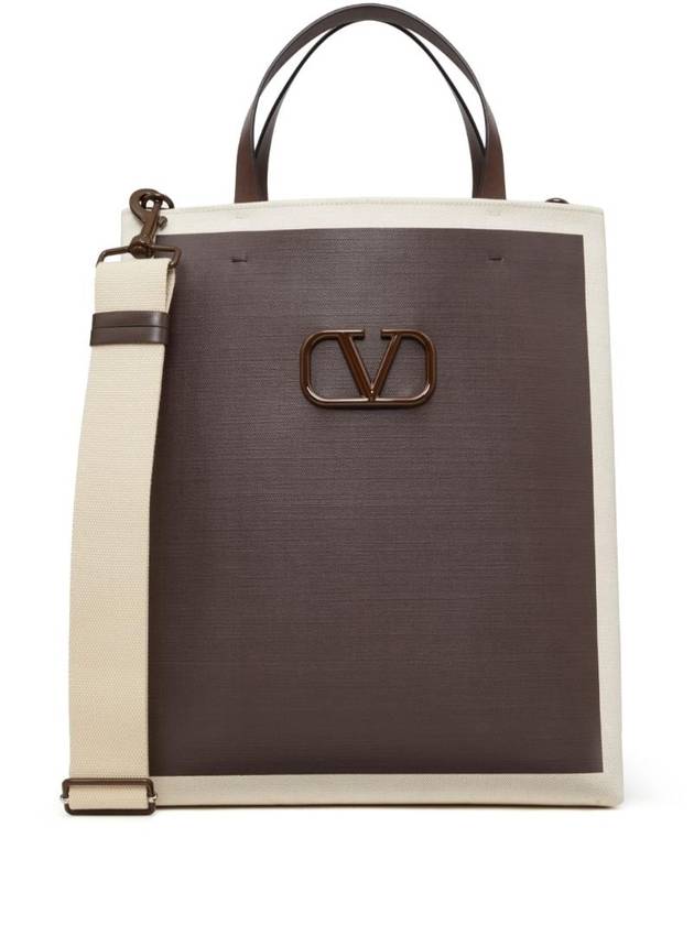 V Logo Signature Canvas Tote Bag Natural Brown - VALENTINO - BALAAN 1