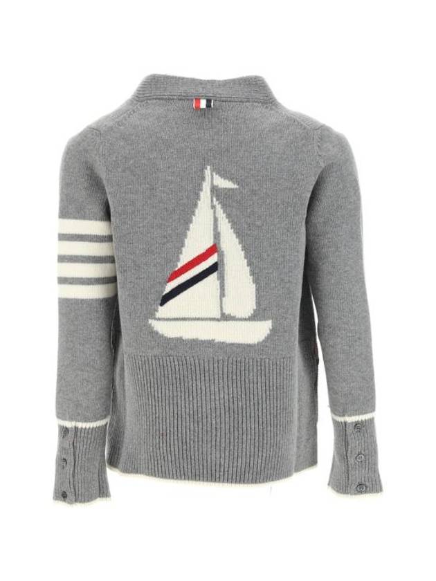 Women's Fine Merino Jersey Sailboat 4 Bar Boxy V Neck Cardigan Light Grey - THOM BROWNE - BALAAN 3