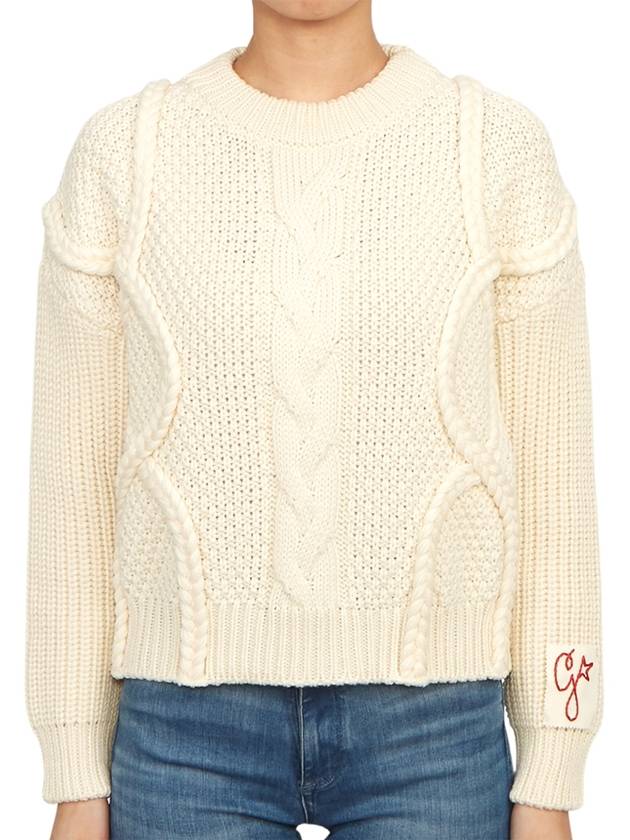 Crew Neck Golden Wool Cable Knit Top Ivory - GOLDEN GOOSE - BALAAN 2